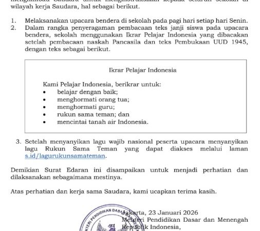 Surat Edaran Mendikdasmen tentang Pelaksanaan Upacara Bendera di Sekolah